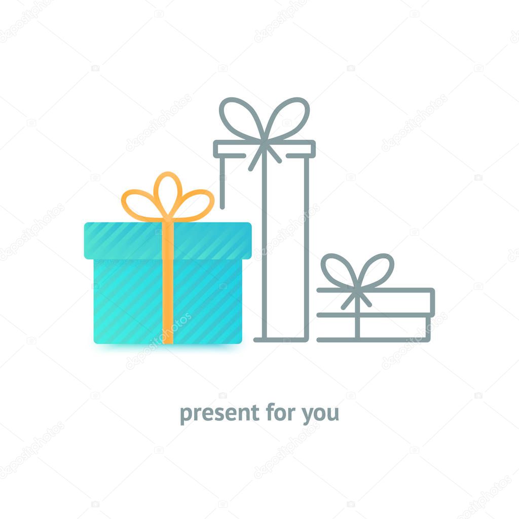 Vector greeting card with gift boxes. Easy to use business template. Cute illustration of gift box present, greeting, surprise.