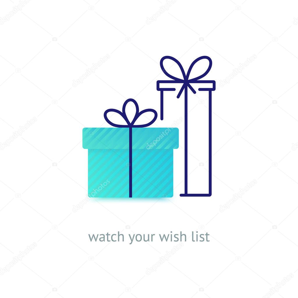 Vector line style logo with gift boxes with a bow. Easy to use business template. Cute illustration of gift box present, greeting, surprise.