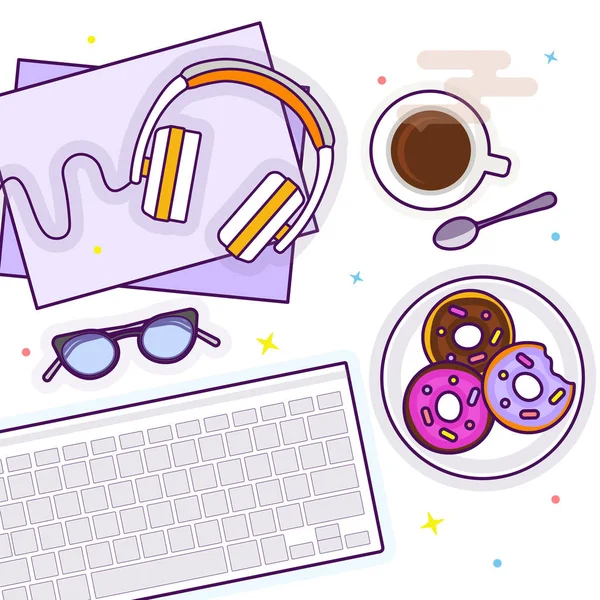 Flat lag met bril, hoofdtelefoons, toetsenbord, donuts en koffie — Stockvector