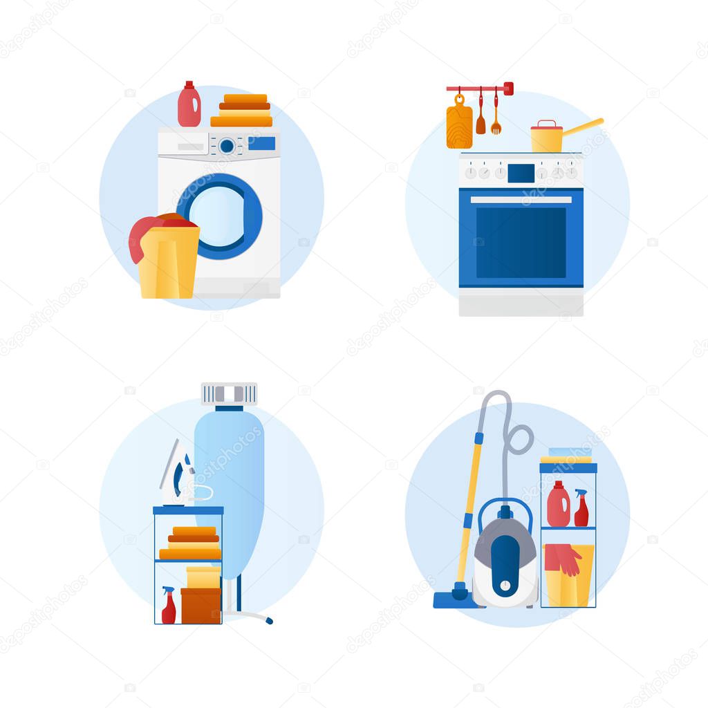 Set of flat design vector icons of housekeeping, homework, laundry,