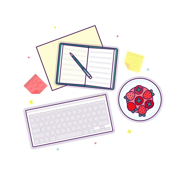 Flache Liege mit offenem Buch, Erdbeere, Tastatur und Aufklebern — Stockvektor