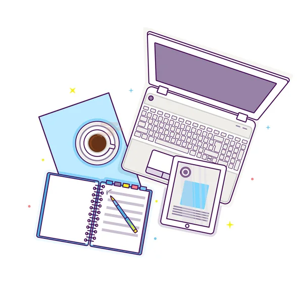 Flat lay com tablet, laptop, livro aberto, bloco de notas e xícara de café — Vetor de Stock