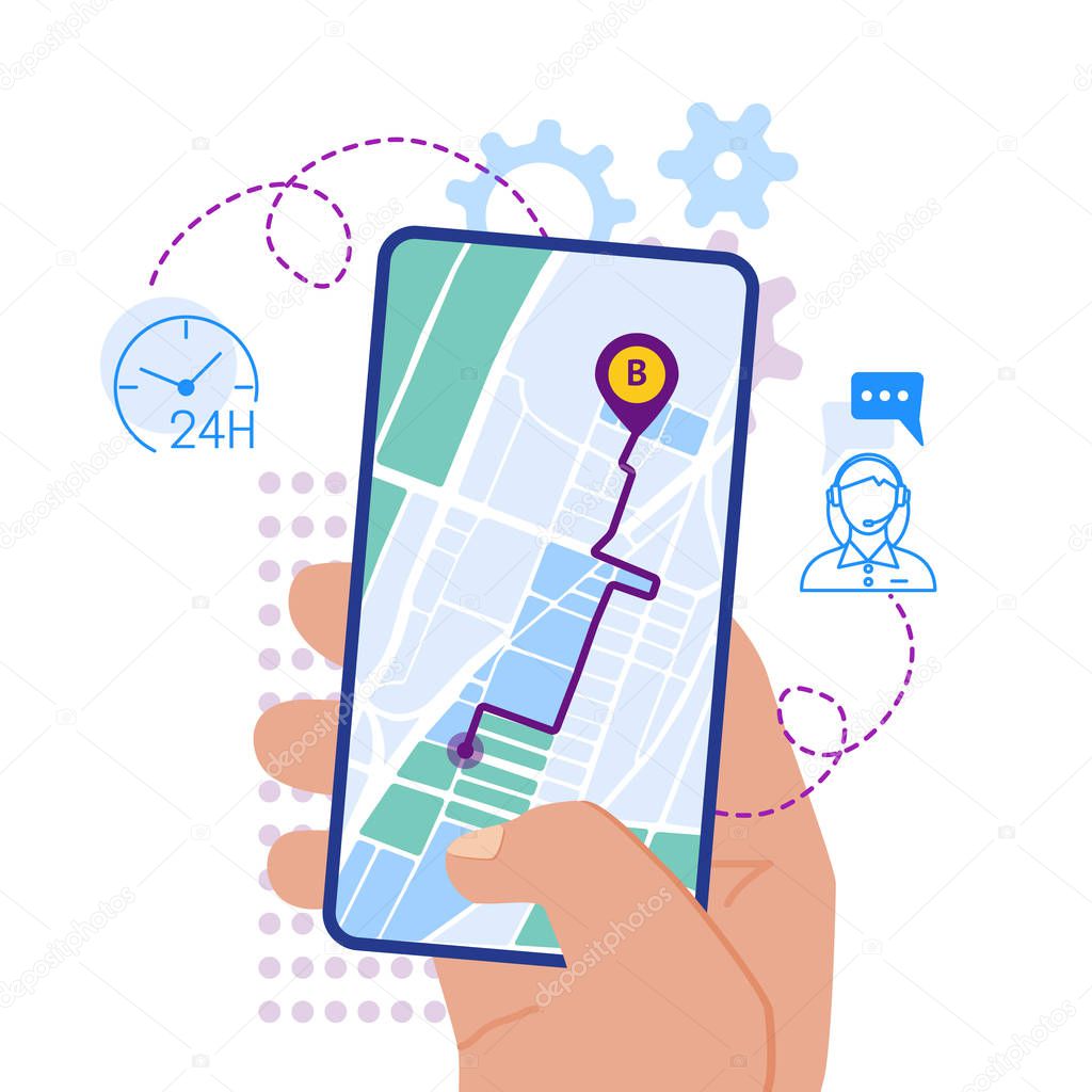 Mobile navigation app on screen flat design illustration