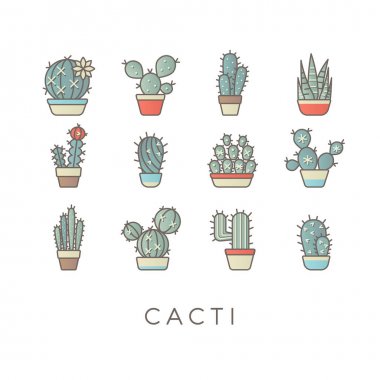Kaktüs modern düz çizgi renk simgeleri Vektör seti
