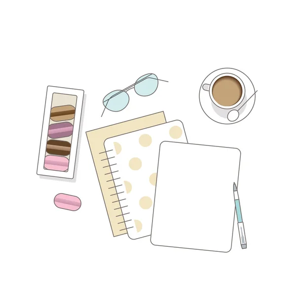 Flache Liege mit Gläsern, Notizbuch, Makronen und Kaffee — Stockvektor