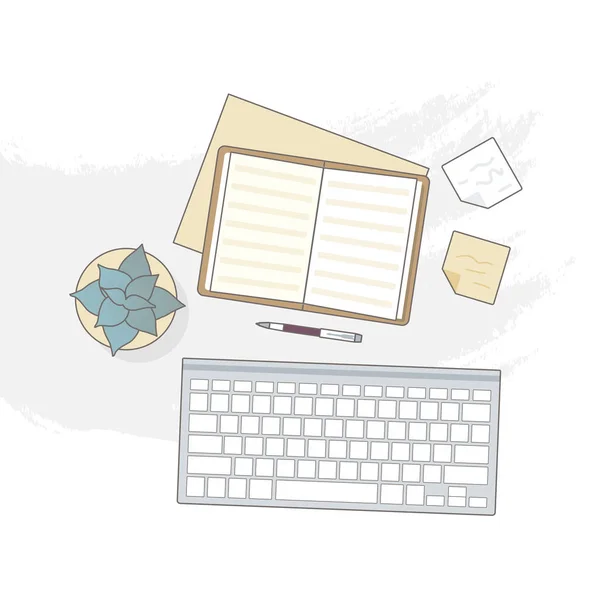 Platte lay met open boek, toetsenbord en stickers, mockup geïsoleerd — Stockvector