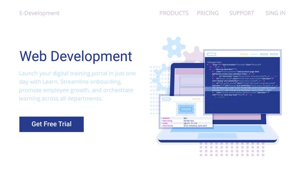 Web Development concept, programmering en codering banner. — Stockvector