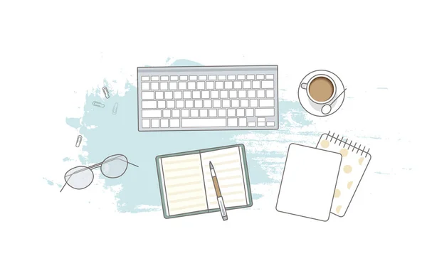 Platte lay met glazen, notebooks, toetsenbord en koffie — Stockvector
