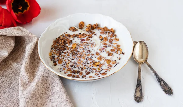 Granola Milk Coconut Healthy Energy Breakfast Snack Light Background Top — Stock Photo, Image