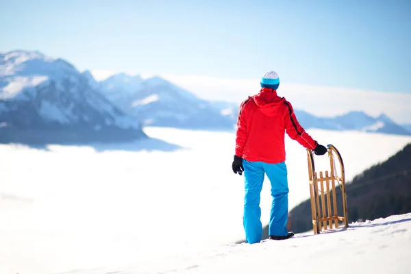 Young Attractive Man Ready Sledding Swiss Alps Winter Holiday — Stock Photo, Image