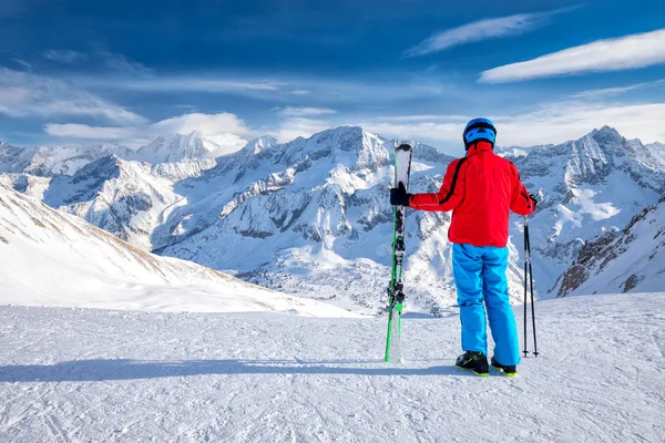 Young Happy Skier Sitting Top Mountains Enjoying View Rhaetian Alps — Stock Photo, Image