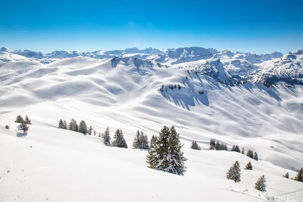 Zwitserse Alpen Vallende Verse Nieuwe Sneeuw Gezien Van Skigebied Hoch — Stockfoto