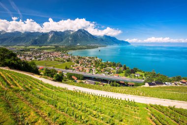 Panoramic view of Villeneuve city with Swiss Alps, lake Geneva and vineyard on Lavaux region, Canton Vaud, Switzerland, Europe.  clipart