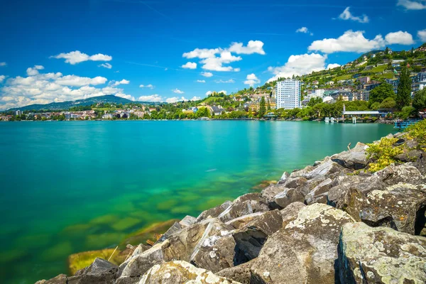 Vista Panorámica Ciudad Villeneuve Con Alpes Suizos Lago Ginebra Viñedo — Foto de Stock