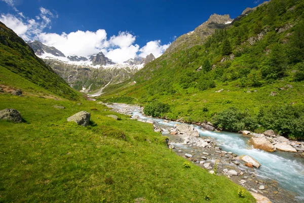 Sustenpass Gorezmettlenbach 河与瑞士阿尔卑斯山全景图 — 图库照片