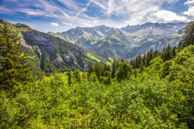 Karaağaç Köyü ve İsviçre dağ - Piz Segnas, Piz Sardona, Laaxer Stockli Ampachli,: Glarus, Switzerland, Avrupa'dan havadan görünümü. 