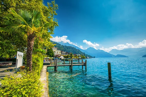 Weggis Suiza Agosto 2018 Village Weggis Lago Lucerna Vierwaldstatersee Montaña — Foto de Stock