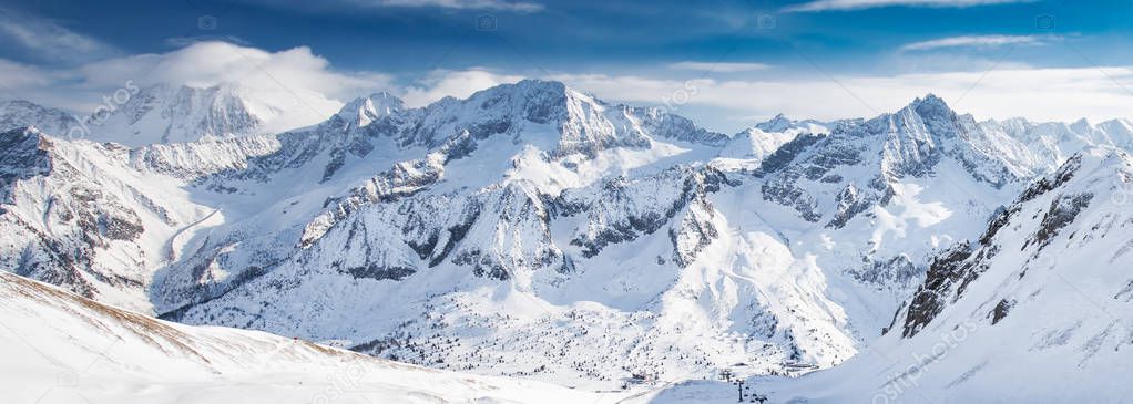 View of Tonale ski resort with Rhaetian Alps, Tonale pass, Italy, Europe.
