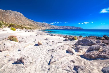 Kedrodasos plaj Elafonissi beach azure ile Crete adada yakınındaki temiz su, Yunanistan, Avrupa. En büyük ve en kalabalık Yunan adalarından Crete olduğunu. 