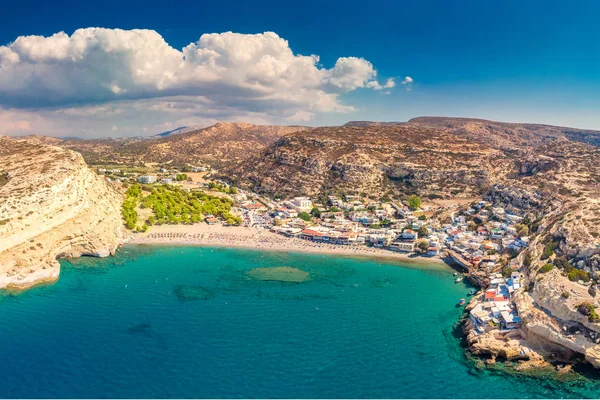 Matala Beach Azure Ile Crete Adada Hava Görünümünü Temiz Yunanistan — Stok fotoğraf