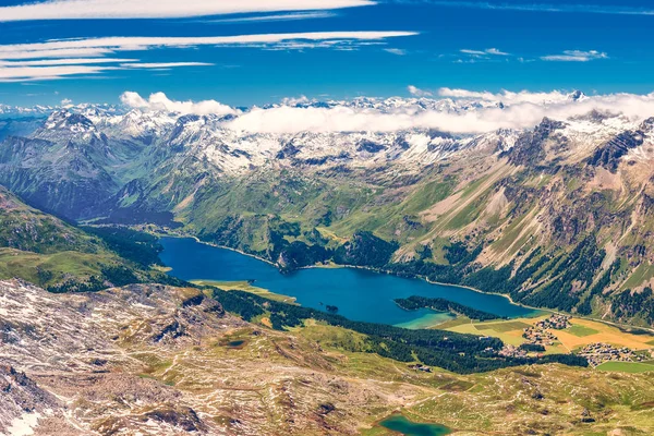 Pemandangan Tinggi Yang Mempesona Dari Silsersee Bawah Sinar Matahari Swiss — Stok Foto