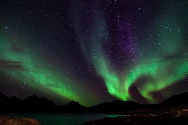 Polarlichter Nordnorwegen Kvaloya Berge Und Meer Hintergrund — Stockfoto