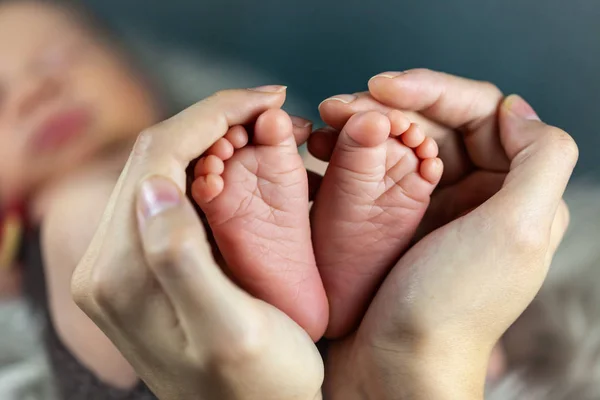 Piedini Neonato Mani Materne Forma Del Focolare Fotografia Stock