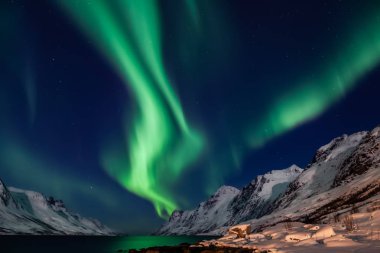 Şaşırtıcı Aurora Borealis Kuzey Norveç (Kvaloya), arka planda dağlar