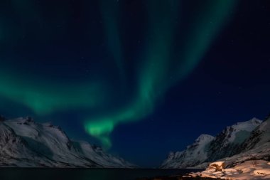 Şaşırtıcı Aurora Borealis Kuzey Norveç (Kvaloya), arka planda dağlar