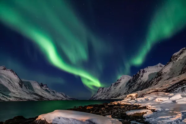 Amazing Aurora Borealis Norte Noruega Kvaloya Montanhas Fundo — Fotografia de Stock