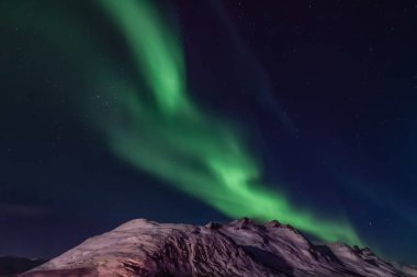 Şaşırtıcı Aurora Borealis Kuzey Norveç (Kvaloya), arka planda dağlar