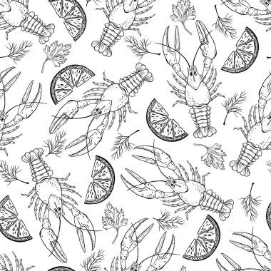 Tek renkli seamless modeli kerevit, maydanoz, dereotu ve limon dilimleri ile 