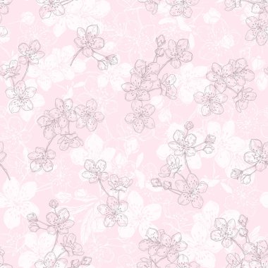 Pembe arka plan kiraz çiçekleri çiçek seamless modeli el ile çizilmiş