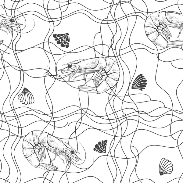 Бесшовный Рисунок Креветками Ракушками Белом Фоне — стоковый вектор