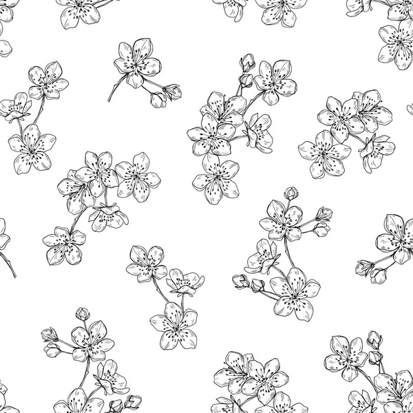 Kwiatowy Wzór Ręcznie Rysowane Wiśniowe Kwiaty Białym Tle — Wektor stockowy