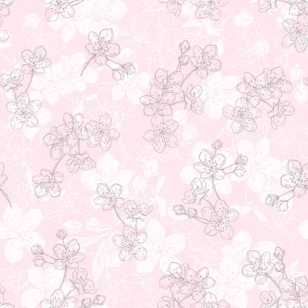 Floral Seamless Pattern Hand Drawn Cherry Flowers Pink Background — Stock Vector