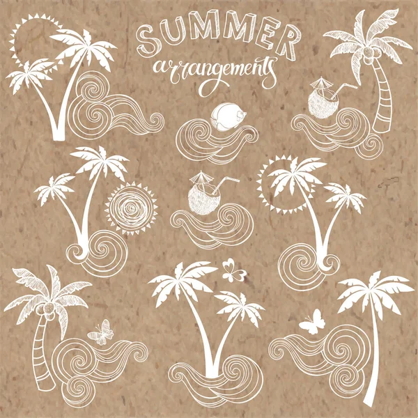 Words Summer Arrangements Palms Cocktails Brown Background — Stock Vector