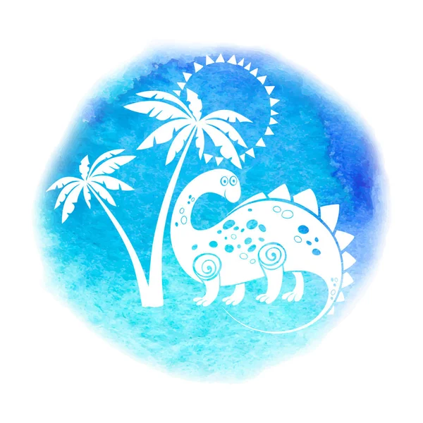Niedlicher Dinosaurier Unter Palmen Auf Blauem Hintergrund — Stockvektor