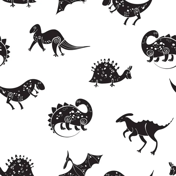 Бесшовный Рисунок Силуэтами Мультяшных Динозавров Белом Фоне — стоковый вектор