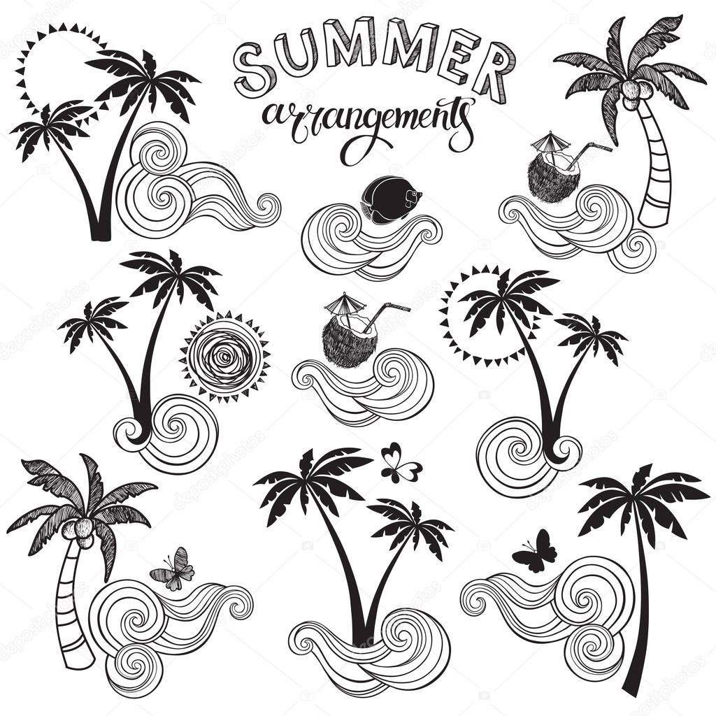 words Summer arrangements with palms and cocktails on white background 