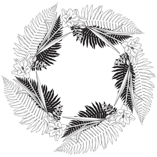 Cadre Rond Floral Avec Fleurs Freesia Feuilles Fougère — Image vectorielle