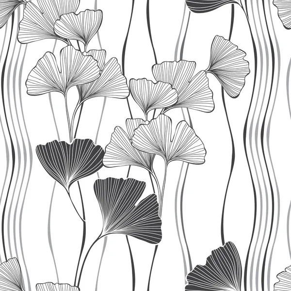 Motif Floral Monochrome Sans Couture Avec Des Feuilles Gingo Biloba — Image vectorielle