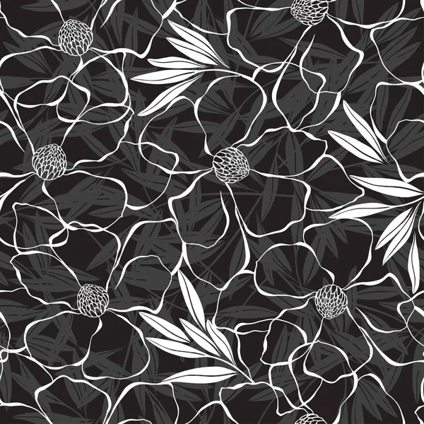 Seamless Pattern Magnolia Black Background Monochrome — Stock Vector