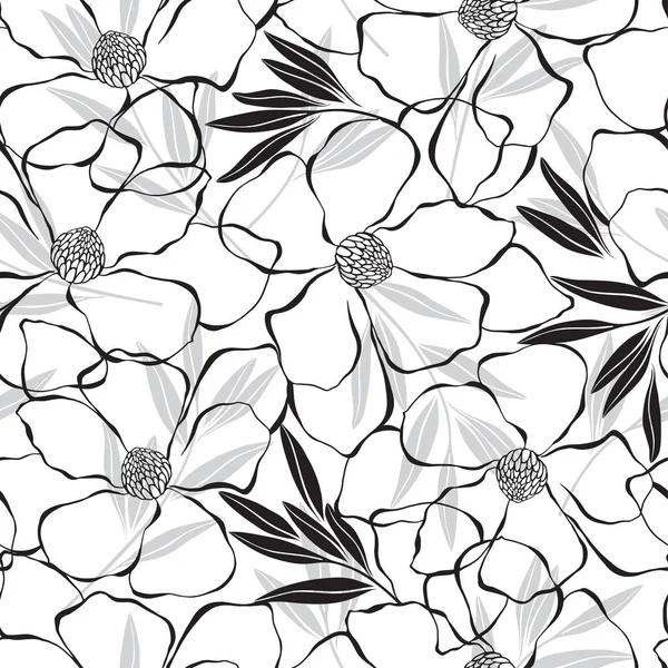 Patrón Sin Costuras Con Magnolia Sobre Fondo Blanco Blanco Negro — Archivo Imágenes Vectoriales