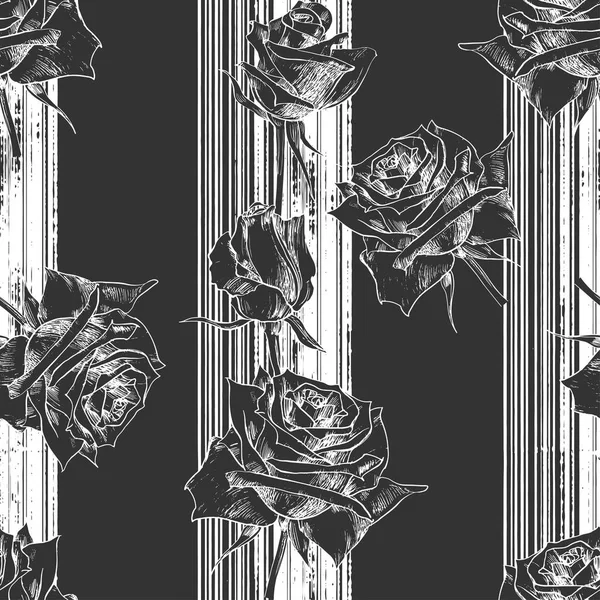 Rosen Auf Dem Texturstreifen Nahtloses Schwarz Weißes Blumenmuster — Stockvektor