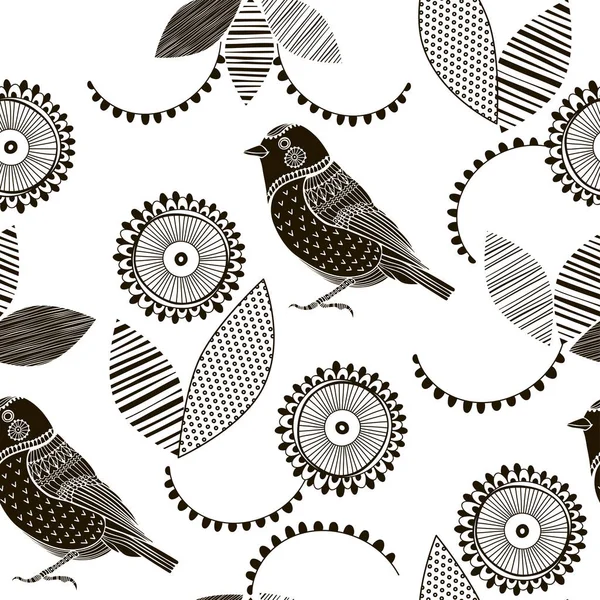 Patrón Floral Monocromo Con Pájaros Fondo Sin Costura Abstracto — Archivo Imágenes Vectoriales