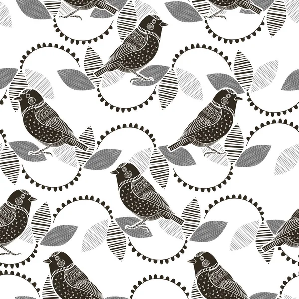 Patrón Floral Monocromo Con Pájaros Fondo Sin Costura Abstracto — Archivo Imágenes Vectoriales