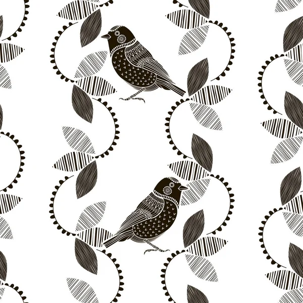 Patrón Floral Monocromo Con Pájaros Fondo Sin Costura Abstracto — Archivo Imágenes Vectoriales