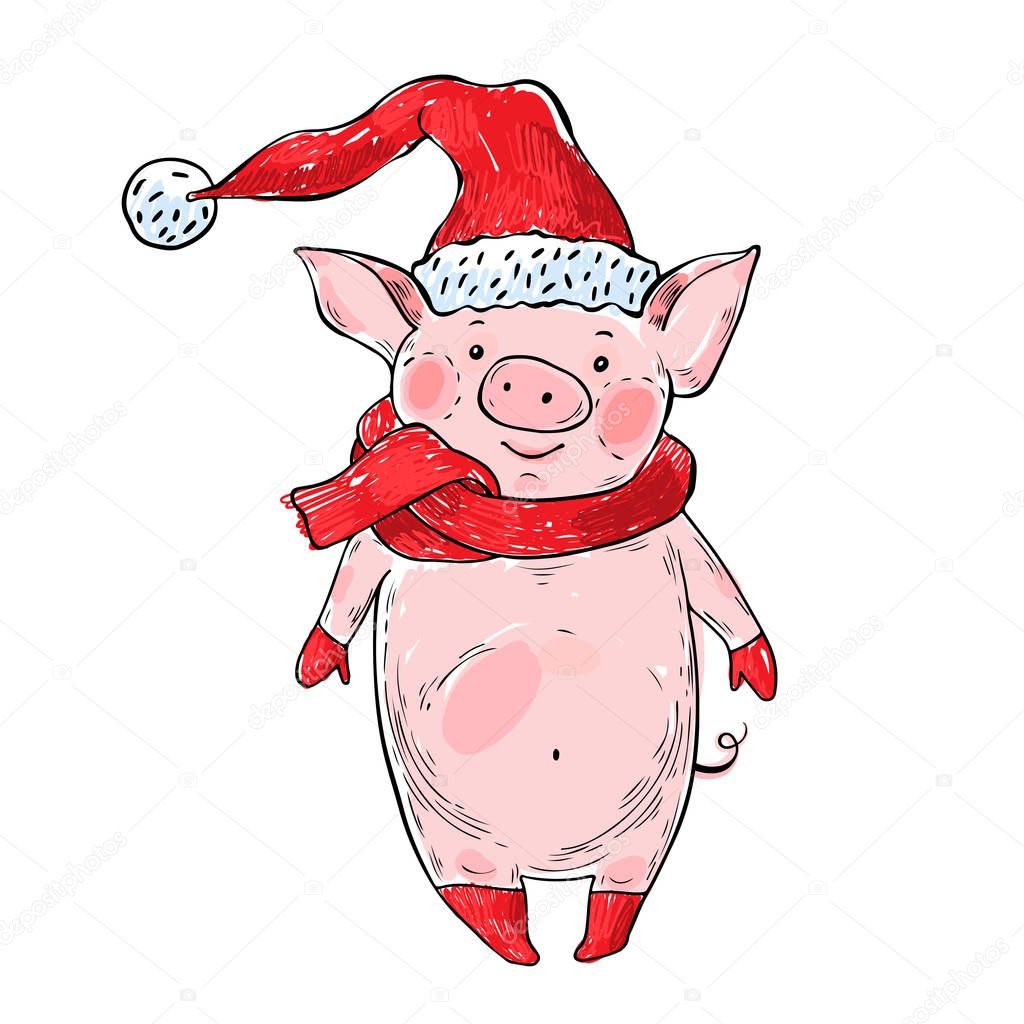 Cute piggy dressed as Santa Claus. Vector cartoon illustration, 