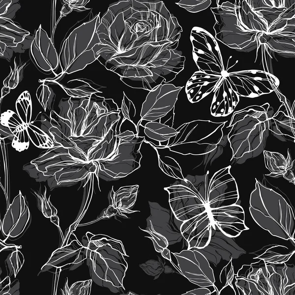Modèle Vectoriel Sans Couture Avec Des Roses Des Papillons Sur — Image vectorielle